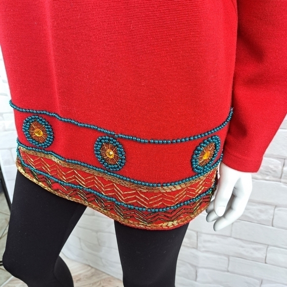 DL Mckelvey sweater red wool pullover faux pearl detail indian style size L - Picture 10 of 15